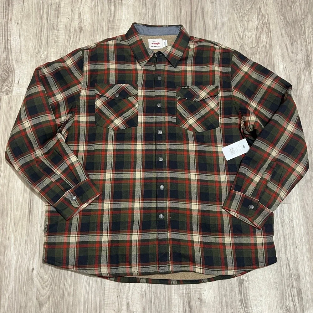 Wrangler Mens XL Sherpa Lined Plaid Shirt Jacket Green Red Snap Front